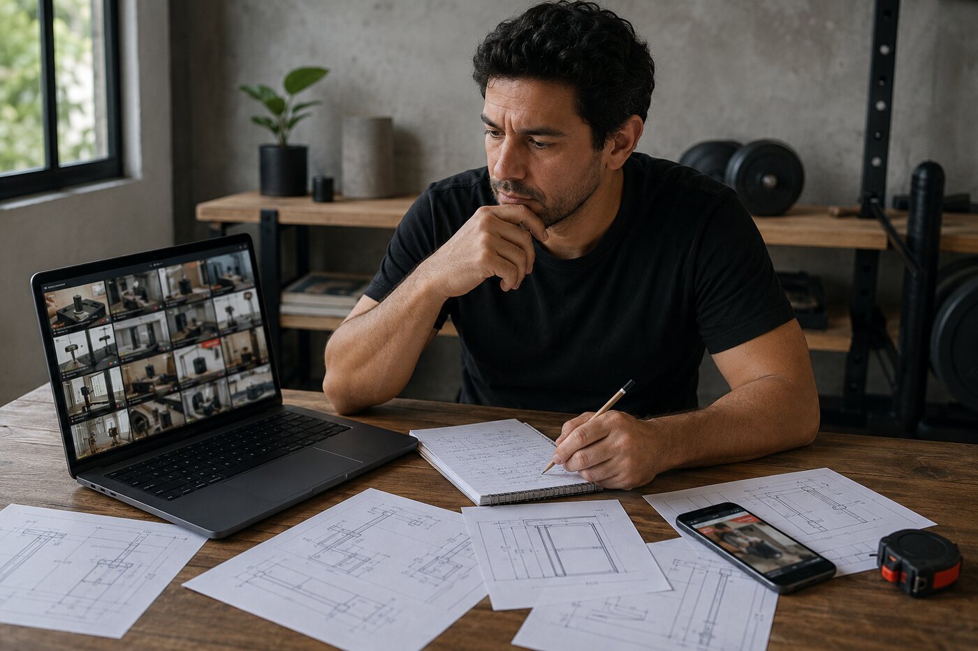 Hombre intentando organizar diferentes tutoriales y medidas por su cuenta