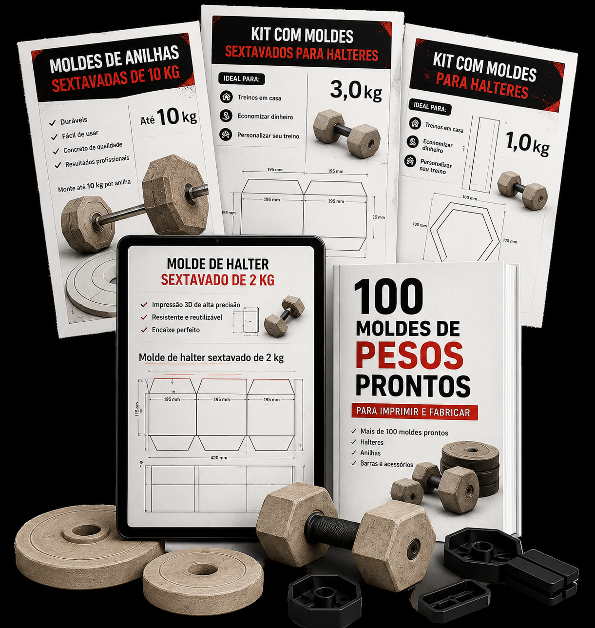 Kit digital con moldes de mancuernas, discos y pesas para fabricar en casa