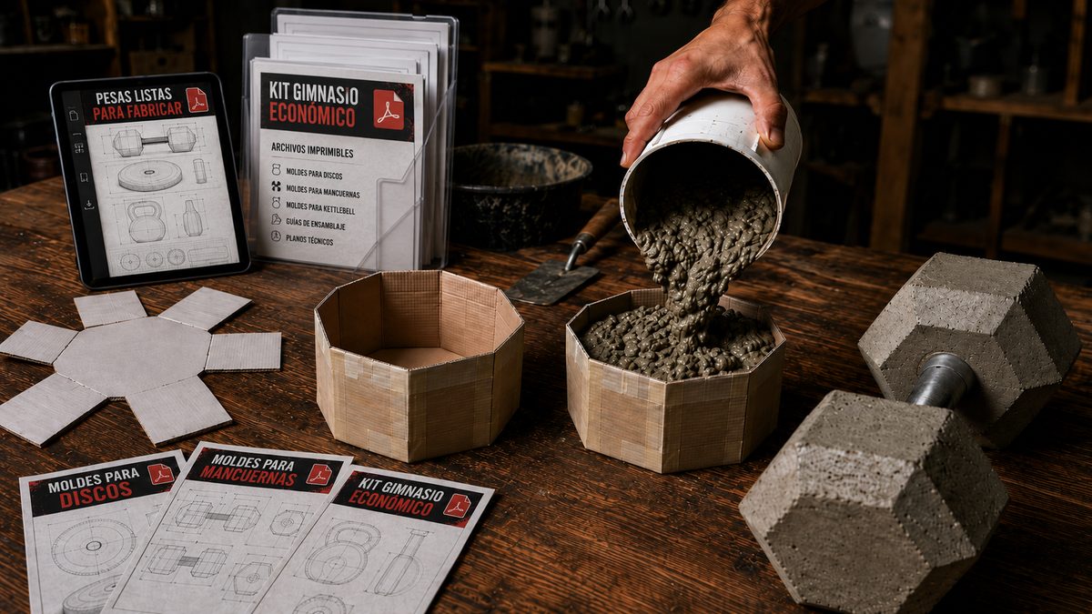 Kit digital de moldes para fabricar mancuernas, discos y pesas rusas de concreto