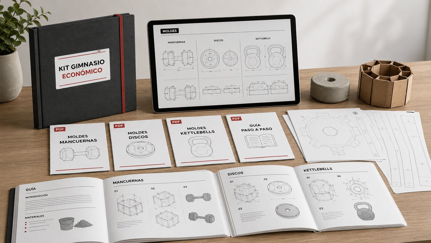 Kit Gimnasio Económico organizado con tablet, archivos digitales, moldes impresos y guías