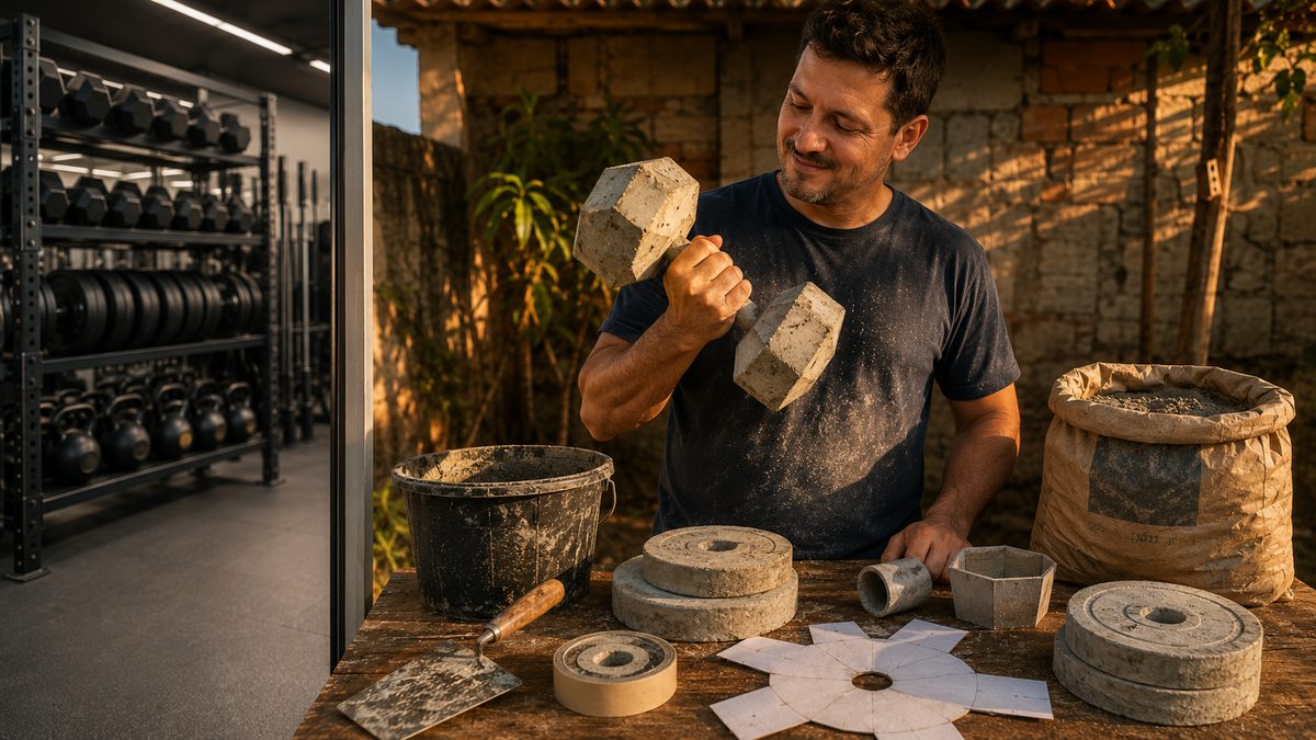 Hombre fabricando mancuernas y discos de concreto en un taller casero